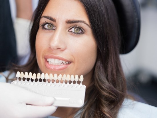 Female dental patient having her teeth shade matched for veneers