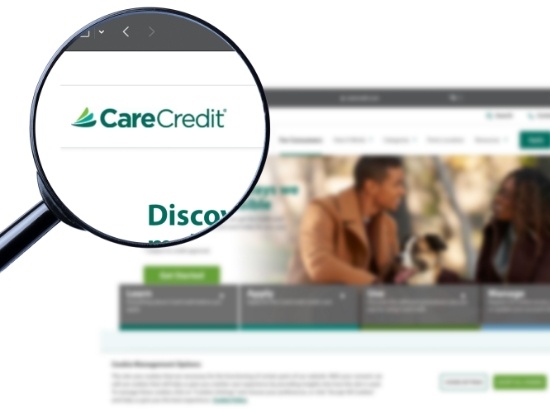 Magnifying glass showing CareCredit logo on webpage