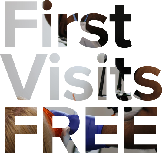 Words First Visit Free covering up photo of dentist and patient